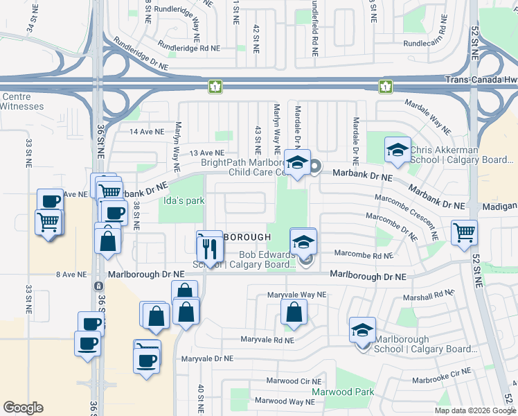 map of restaurants, bars, coffee shops, grocery stores, and more near 91 Maranda Close Northeast in Calgary