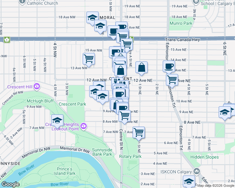 map of restaurants, bars, coffee shops, grocery stores, and more near in Calgary