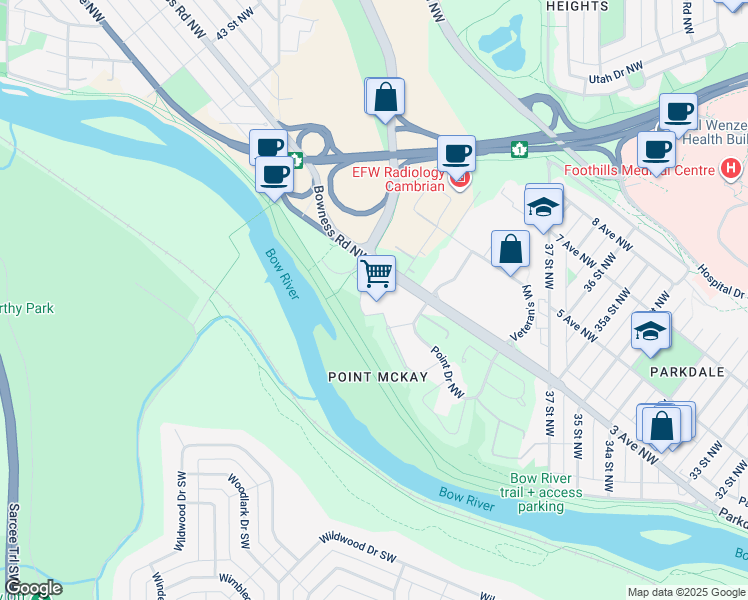 map of restaurants, bars, coffee shops, grocery stores, and more near in Calgary