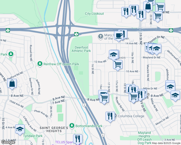 map of restaurants, bars, coffee shops, grocery stores, and more near 1043 16 Street Northeast in Calgary