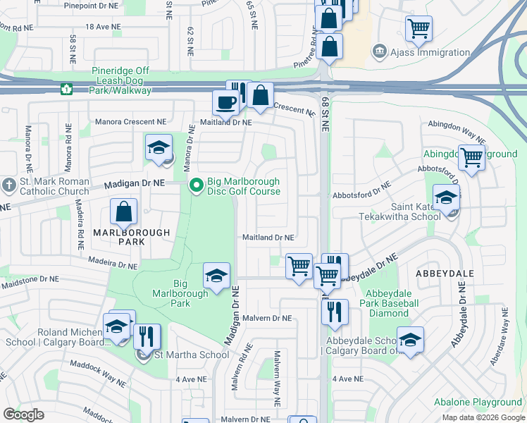 map of restaurants, bars, coffee shops, grocery stores, and more near 1020 Maitland Drive Northeast in Calgary