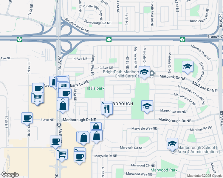map of restaurants, bars, coffee shops, grocery stores, and more near 19 Maranda Close Northeast in Calgary