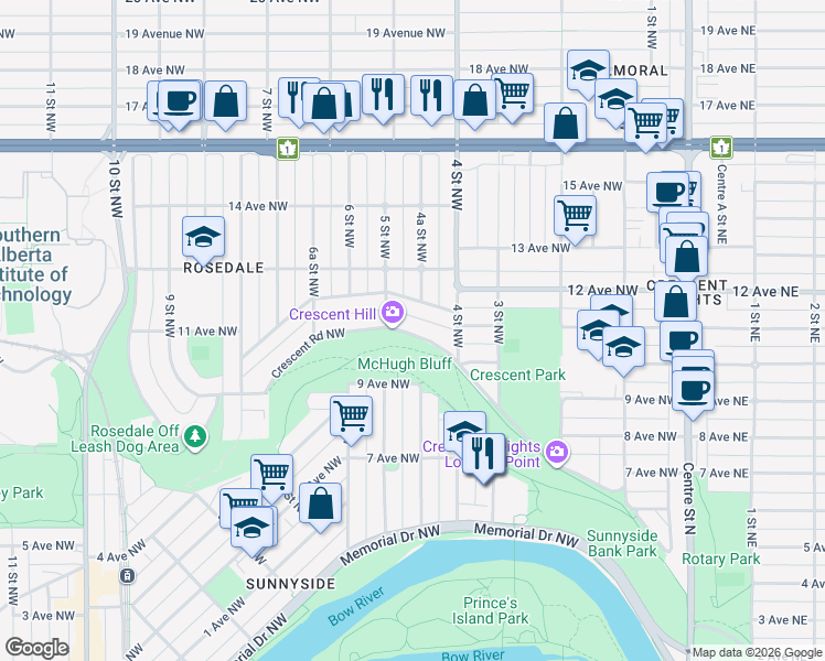 map of restaurants, bars, coffee shops, grocery stores, and more near 531 Alexander Crescent Northwest in Calgary
