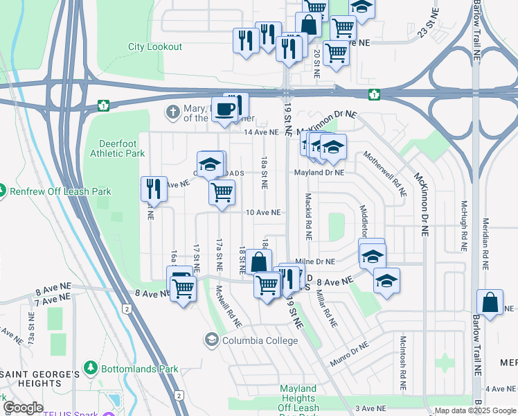 map of restaurants, bars, coffee shops, grocery stores, and more near 1219 18A Street Northeast in Calgary