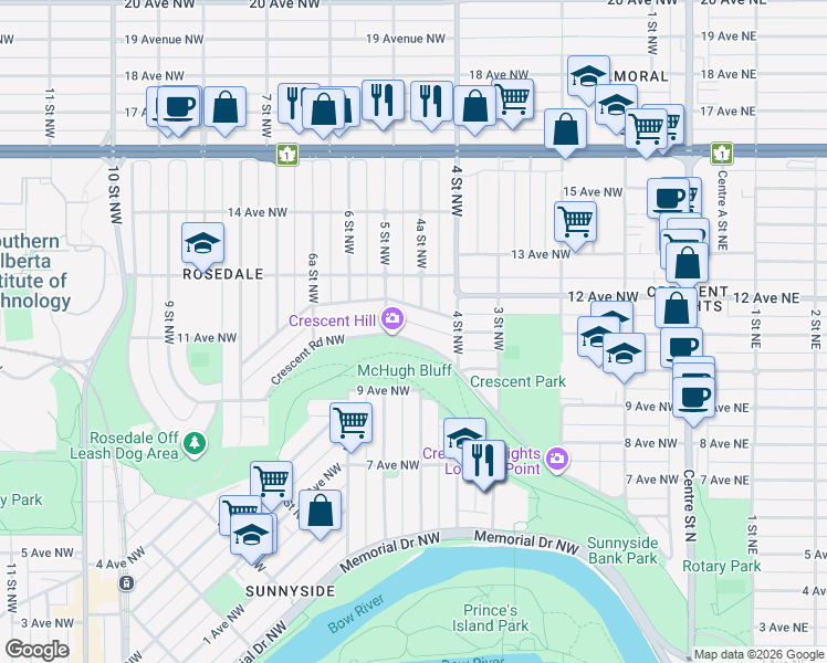 map of restaurants, bars, coffee shops, grocery stores, and more near 531 Alexander Crescent Northwest in Calgary