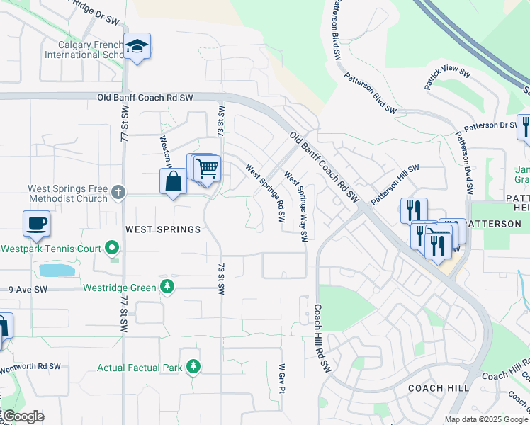 map of restaurants, bars, coffee shops, grocery stores, and more near 74 West Springs Road Southwest in Calgary
