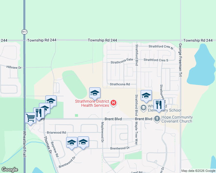 map of restaurants, bars, coffee shops, grocery stores, and more near 1172 Strathcona Road in Strathmore