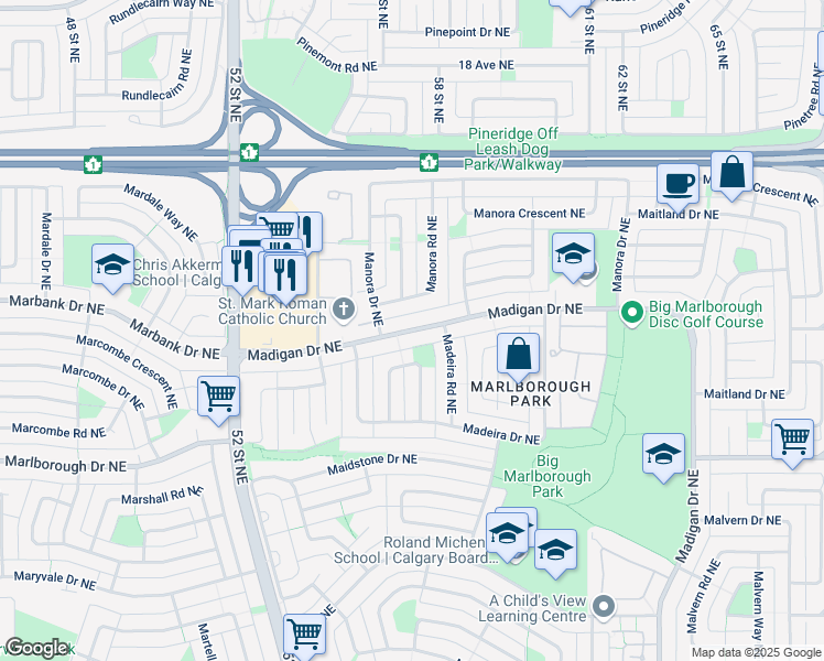 map of restaurants, bars, coffee shops, grocery stores, and more near Madigan Drive Northeast in Calgary