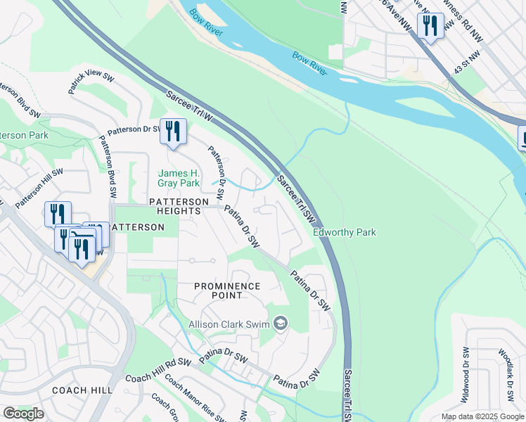 map of restaurants, bars, coffee shops, grocery stores, and more near 200 Patina Court Southwest in Calgary