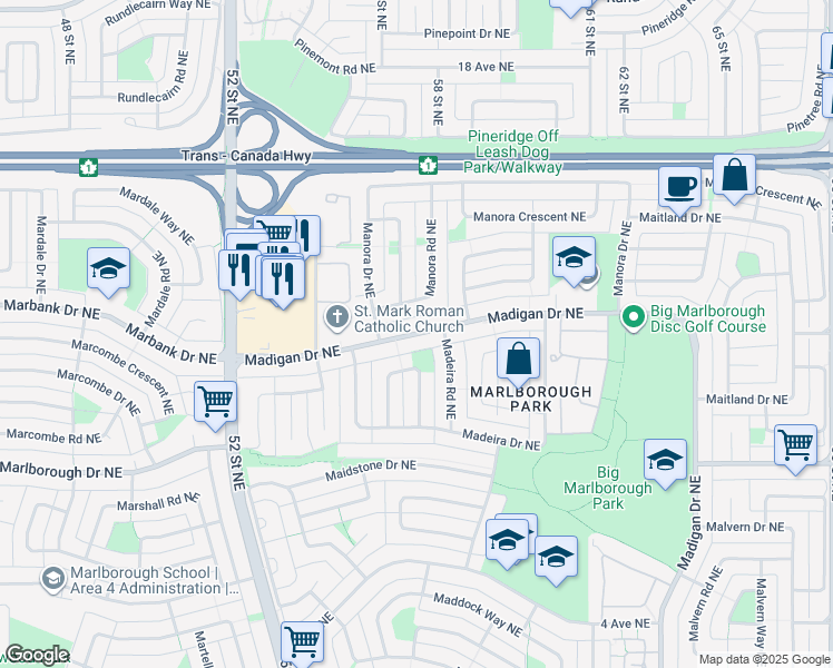 map of restaurants, bars, coffee shops, grocery stores, and more near Madigan Drive Northeast in Calgary