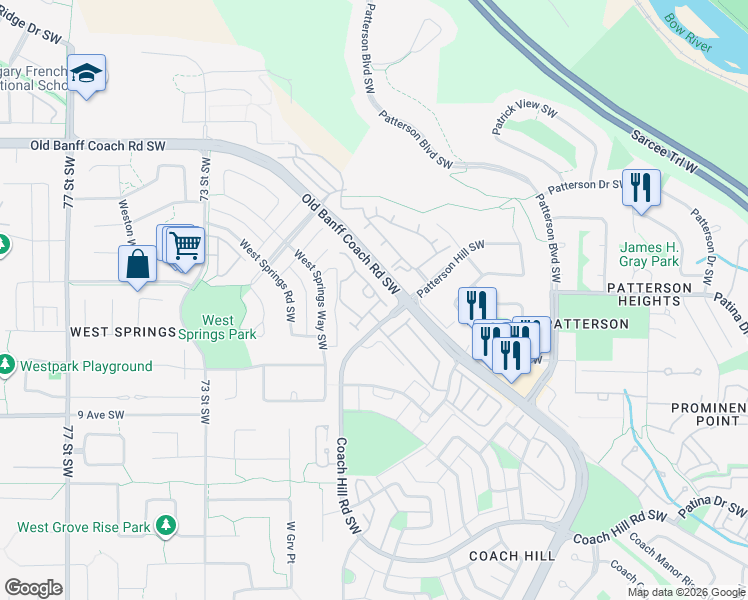 map of restaurants, bars, coffee shops, grocery stores, and more near 7171 Coach Hill Road Southwest in Calgary