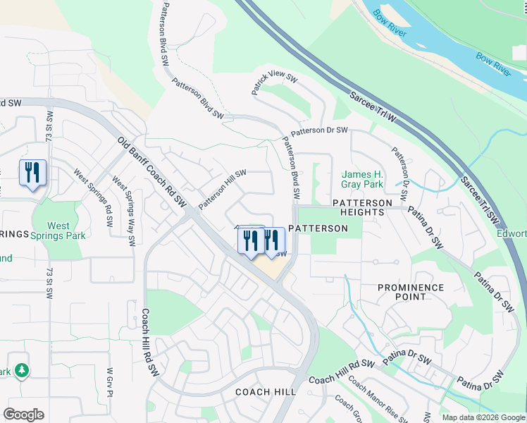 map of restaurants, bars, coffee shops, grocery stores, and more near 44 Patterson Rise Southwest in Calgary