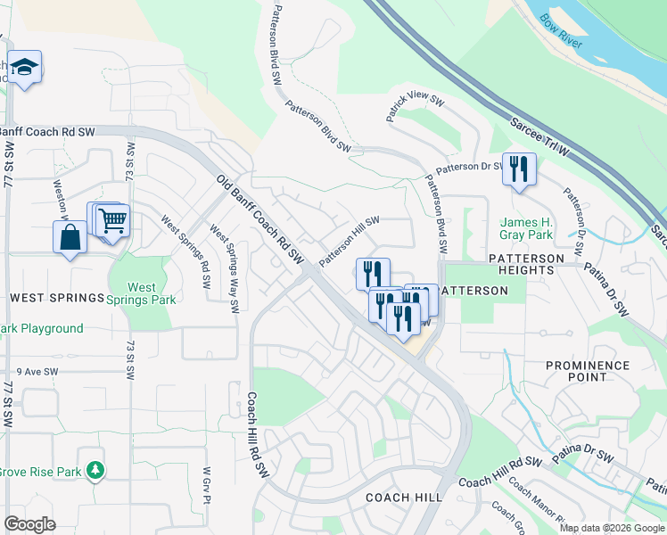 map of restaurants, bars, coffee shops, grocery stores, and more near 401 Patterson Hill Southwest in Calgary