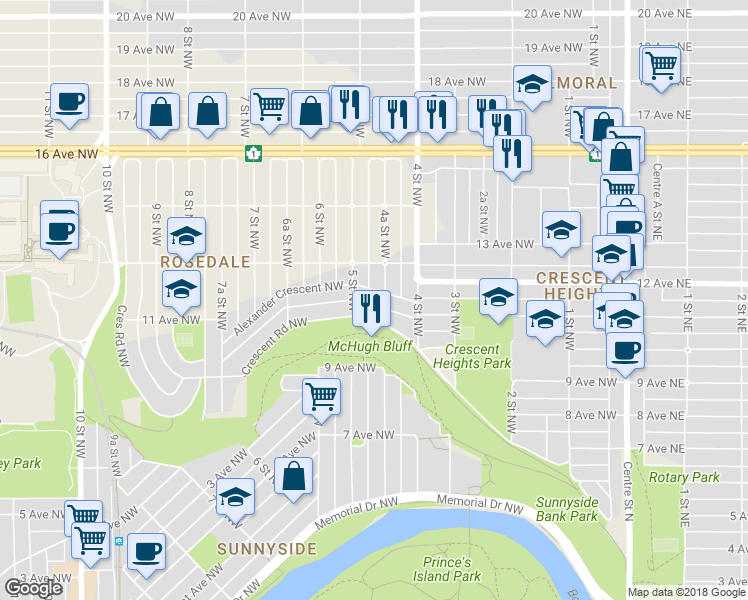 map of restaurants, bars, coffee shops, grocery stores, and more near 531 Alexander Crescent Northwest in Calgary