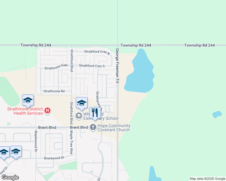 map of restaurants, bars, coffee shops, grocery stores, and more near 107 100 Strathaven Bay in Strathmore