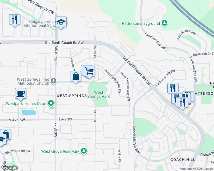 map of restaurants, bars, coffee shops, grocery stores, and more near 135 West Springs Place Southwest in Calgary