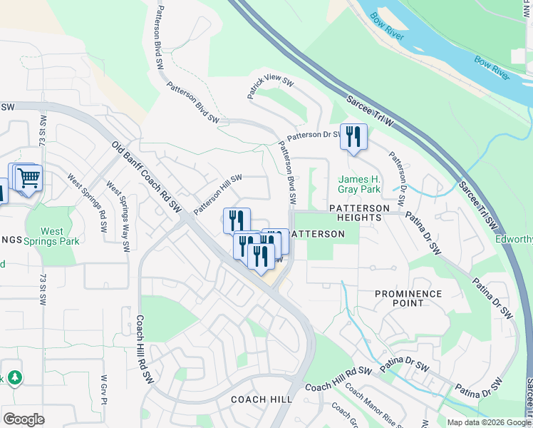 map of restaurants, bars, coffee shops, grocery stores, and more near 44 Patterson Rise Southwest in Calgary