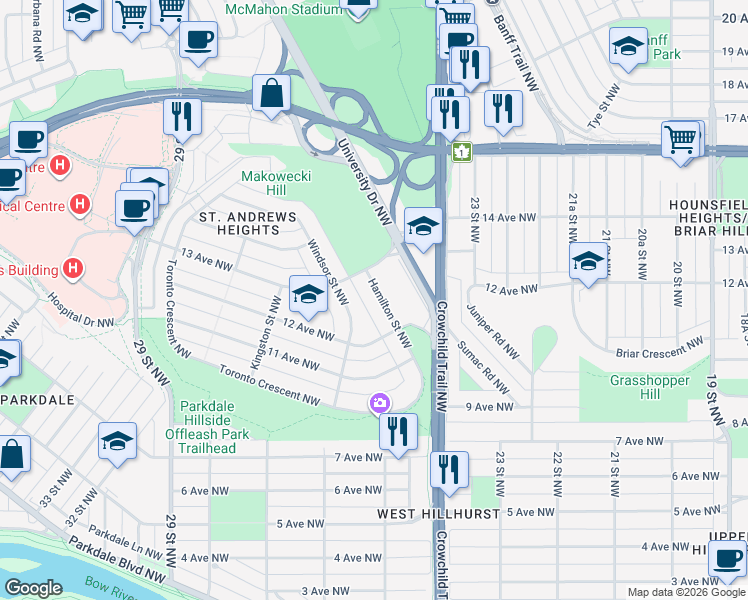 map of restaurants, bars, coffee shops, grocery stores, and more near 1327 Hamilton Street Northwest in Calgary