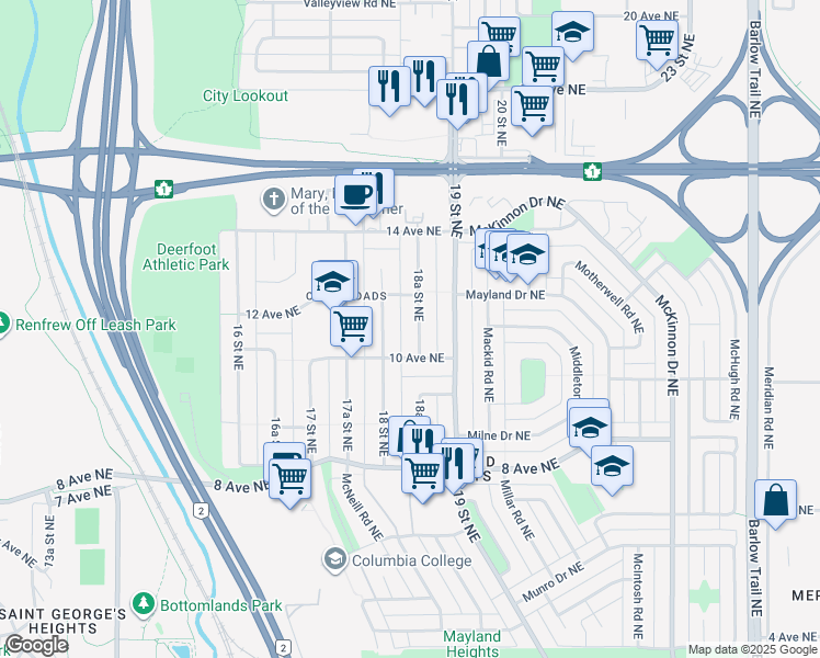 map of restaurants, bars, coffee shops, grocery stores, and more near 1219 18A Street Northeast in Calgary
