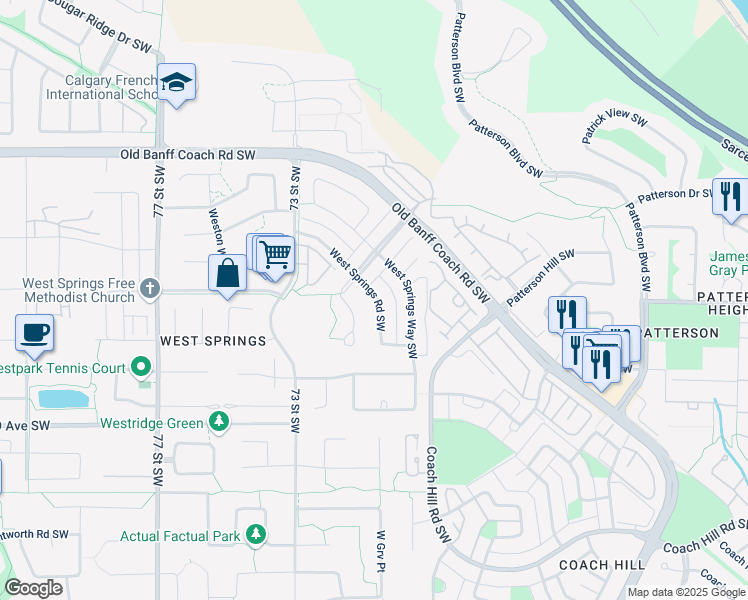 map of restaurants, bars, coffee shops, grocery stores, and more near 74 West Springs Road Southwest in Calgary