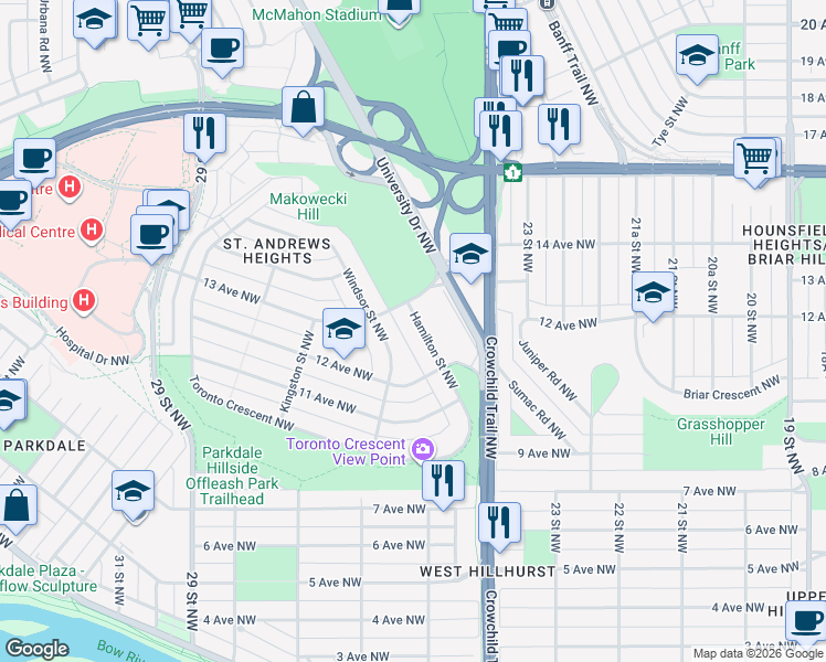 map of restaurants, bars, coffee shops, grocery stores, and more near 1331 Hamilton Street Northwest in Calgary