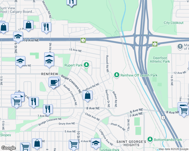 map of restaurants, bars, coffee shops, grocery stores, and more near in Calgary