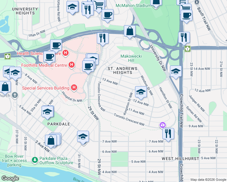 map of restaurants, bars, coffee shops, grocery stores, and more near 2908 12 Avenue Northwest in Calgary