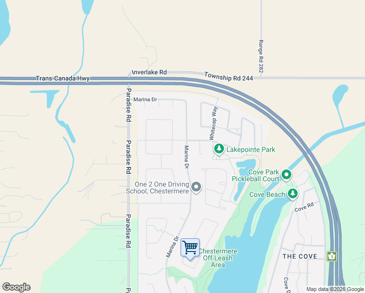 map of restaurants, bars, coffee shops, grocery stores, and more near 657 Marina Drive in Chestermere