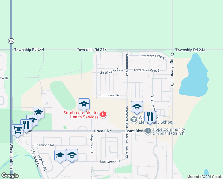 map of restaurants, bars, coffee shops, grocery stores, and more near 1146 Strathcona Road in Strathmore