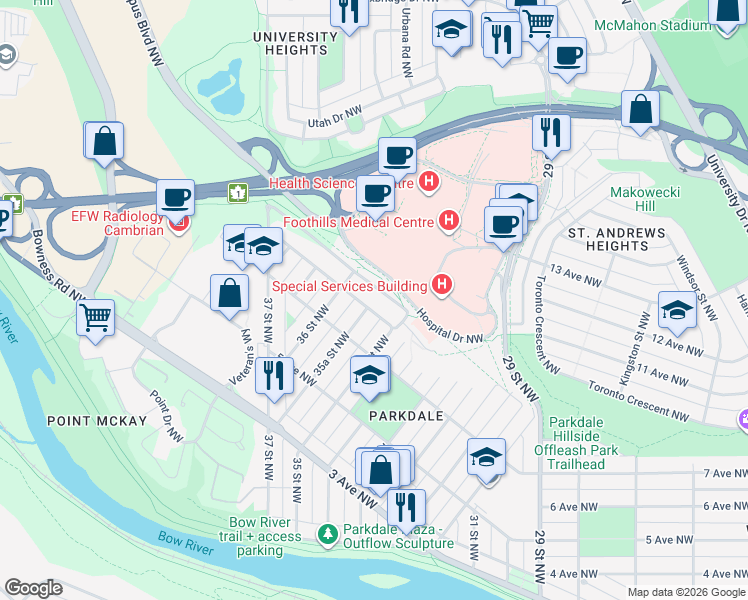 map of restaurants, bars, coffee shops, grocery stores, and more near 3540 8 Avenue Northwest in Calgary