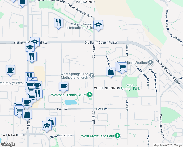 map of restaurants, bars, coffee shops, grocery stores, and more near 777 77 Street Southwest in Calgary
