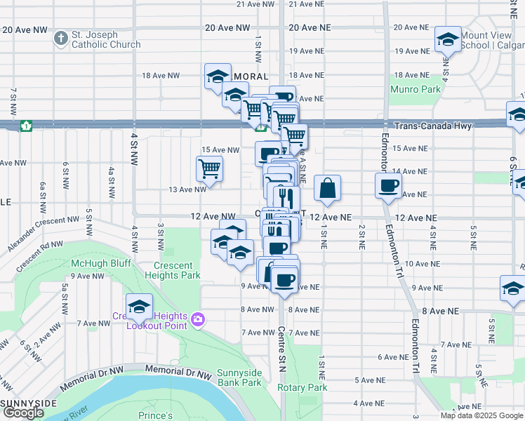 map of restaurants, bars, coffee shops, grocery stores, and more near in Calgary