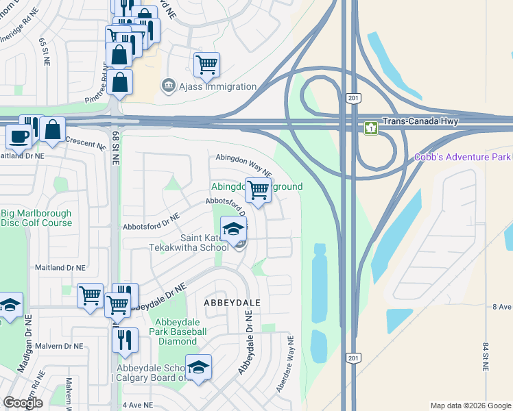 map of restaurants, bars, coffee shops, grocery stores, and more near 968 Abbotsford Drive Northeast in Calgary