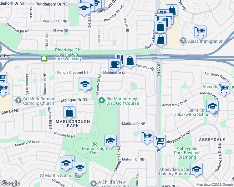 map of restaurants, bars, coffee shops, grocery stores, and more near 121 Maitland Rise Northeast in Calgary