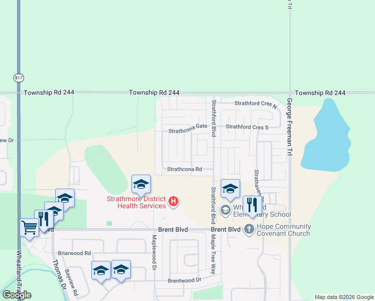 map of restaurants, bars, coffee shops, grocery stores, and more near 1520 Strathcona Close in Strathmore
