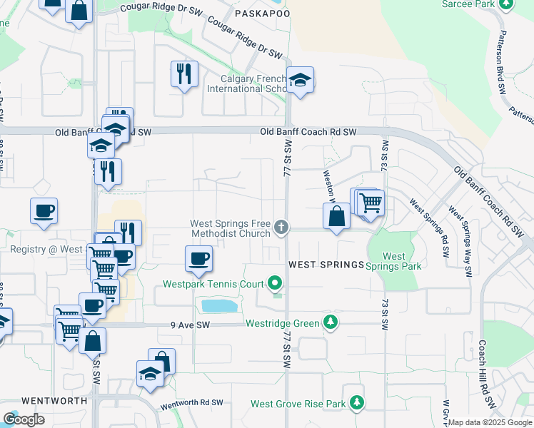 map of restaurants, bars, coffee shops, grocery stores, and more near 777 77 Street Southwest in Calgary