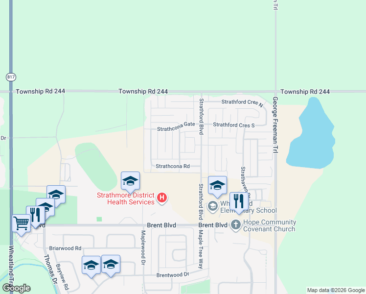 map of restaurants, bars, coffee shops, grocery stores, and more near 1623 Strathcona Gate in Strathmore