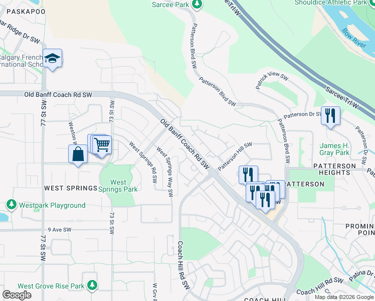 map of restaurants, bars, coffee shops, grocery stores, and more near 50 West Springs Court Southwest in Calgary