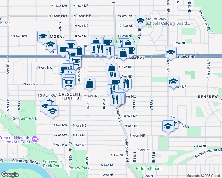 map of restaurants, bars, coffee shops, grocery stores, and more near 312 13 Avenue Northeast in Calgary