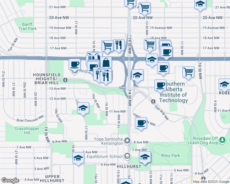 map of restaurants, bars, coffee shops, grocery stores, and more near in Calgary