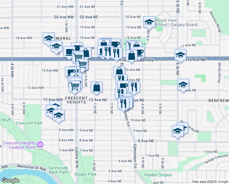 map of restaurants, bars, coffee shops, grocery stores, and more near 305 13 Avenue Northeast in Calgary