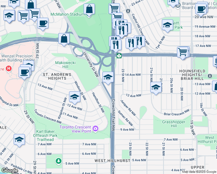 map of restaurants, bars, coffee shops, grocery stores, and more near 1340 University Drive Northwest in Calgary