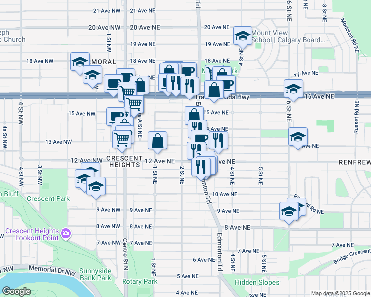 map of restaurants, bars, coffee shops, grocery stores, and more near 305 13 Avenue Northeast in Calgary