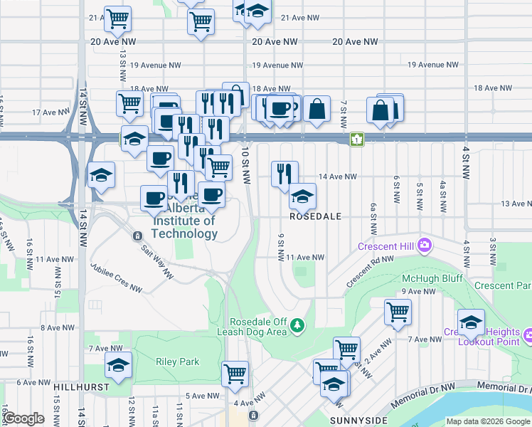 map of restaurants, bars, coffee shops, grocery stores, and more near 1416 Crescent Road Northwest in Calgary