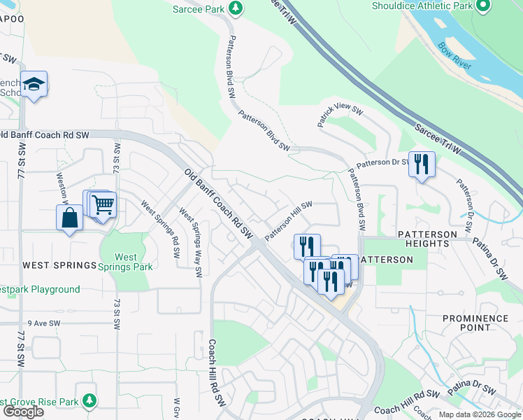 map of restaurants, bars, coffee shops, grocery stores, and more near 705 Patterson View Southwest in Calgary