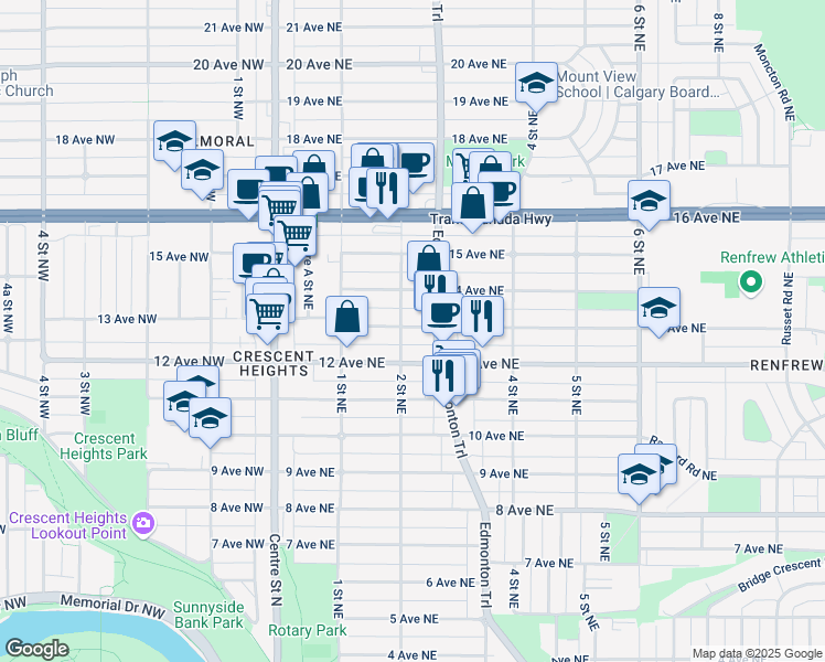 map of restaurants, bars, coffee shops, grocery stores, and more near 312 13 Avenue Northeast in Calgary