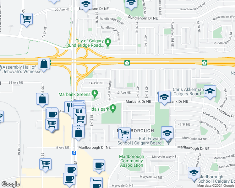 map of restaurants, bars, coffee shops, grocery stores, and more near 4023 13 Avenue Northeast in Calgary