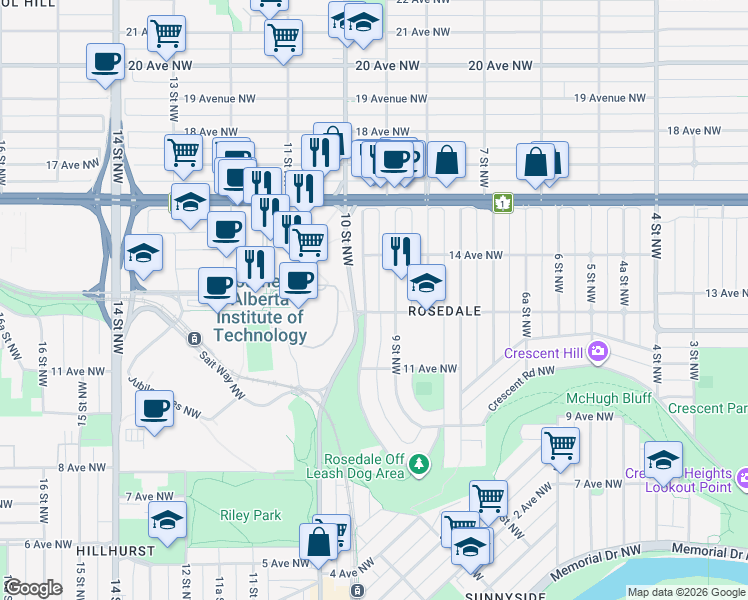 map of restaurants, bars, coffee shops, grocery stores, and more near 1416 Crescent Road Northwest in Calgary