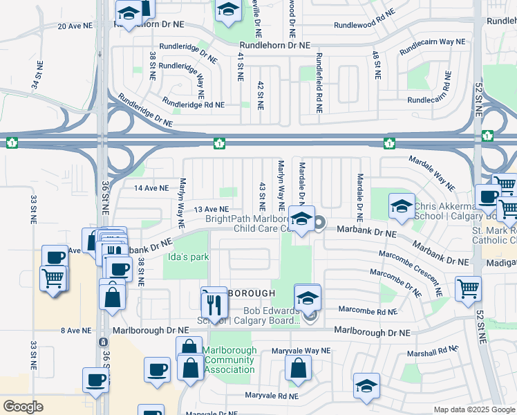 map of restaurants, bars, coffee shops, grocery stores, and more near 1415 43 Street Northeast in Calgary