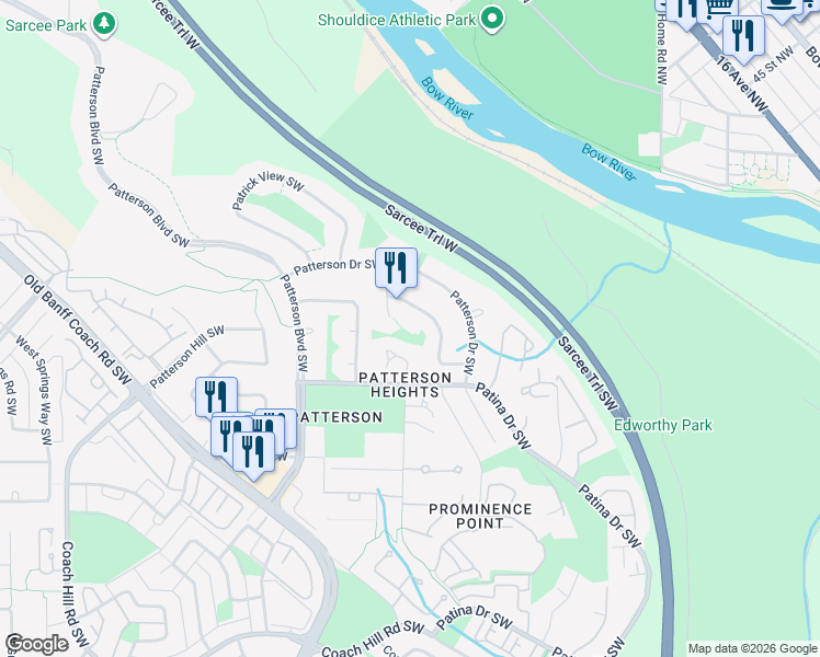 map of restaurants, bars, coffee shops, grocery stores, and more near 55 Patterson Crescent Southwest in Calgary